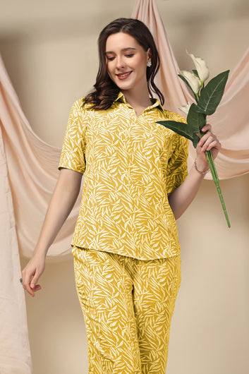 Womens Yellow Cotton Blend Abstract Printed Shirt Style Top With Trouser Set