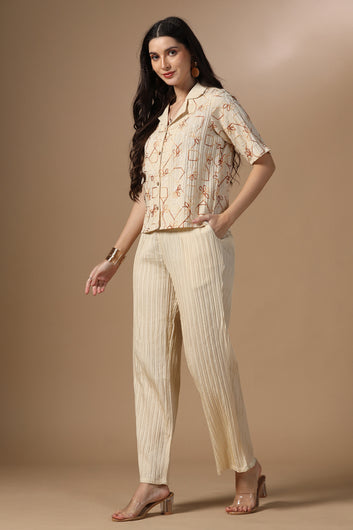 Womens Beige Cotton Blend Embroidered Co-ords Shirt With Pant Set