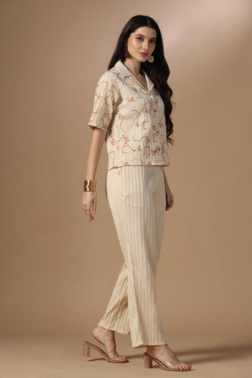 Womens Beige Cotton Blend Embroidered Co-ords Shirt With Pant Set