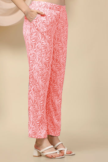 Womens Peach Cotton Blend Abstract Printed Shirt Style Top With Trouser Set