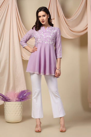 Womens Lovender Embroidered Georgette Tunic Top