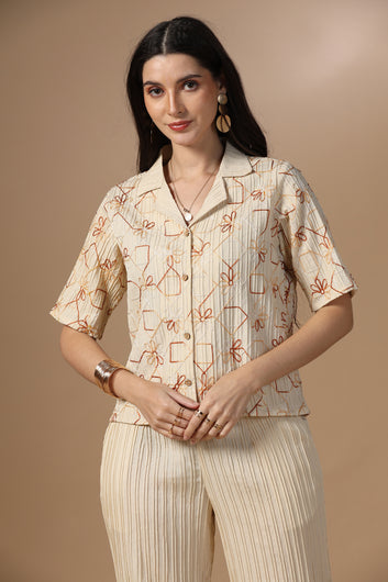 Womens Beige Cotton Blend Embroidered Co-ords Shirt With Pant Set