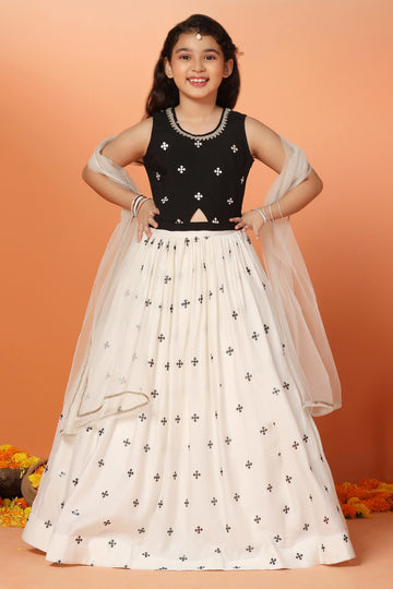 Girls White Roman Silk Embroidered Lehenga Choli With Dupatta