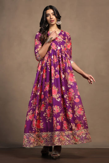 Womens Purple Tabby Organza Floral Printed Maxi Length Dress With Dupatta Set