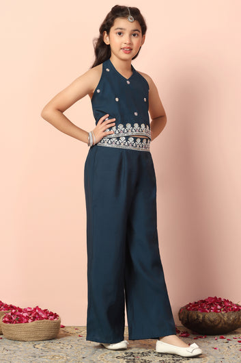 Girl's Chanderi Silk Dark Blue Embroidered Crop and Palazzo Set