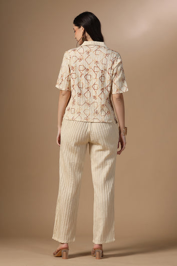 Womens Beige Cotton Blend Embroidered Co-ords Shirt With Pant Set