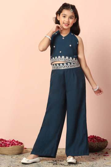 Girl's Chanderi Silk Dark Blue Embroidered Crop and Palazzo Set