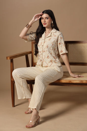 Womens Beige Cotton Blend Embroidered Co-ords Shirt With Pant Set