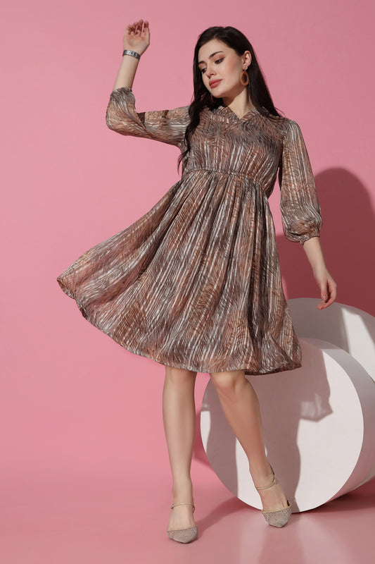 Womens Brown Georgette All-Over Printed Above Knee Length Dress