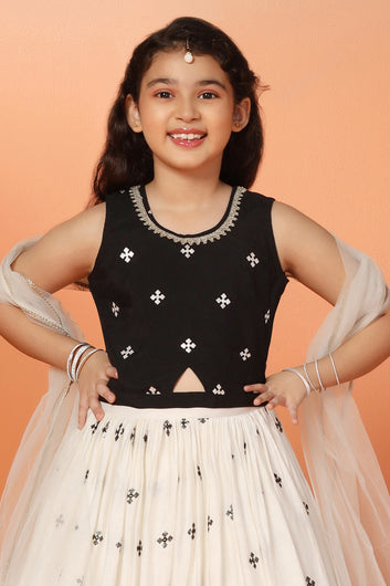 Girls White Roman Silk Embroidered Lehenga Choli With Dupatta