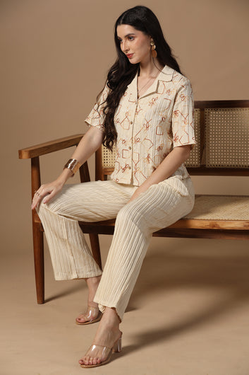 Womens Beige Cotton Blend Embroidered Co-ords Shirt With Pant Set