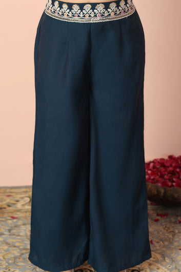 Girl's Chanderi Silk Dark Blue Embroidered Crop and Palazzo Set