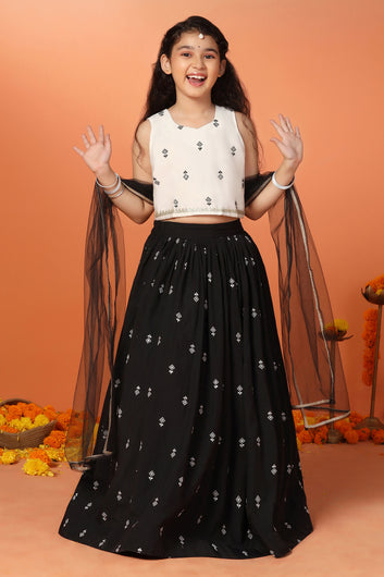 Girls Black Roman Silk Embroidered Lehenga Choli With Dupatta