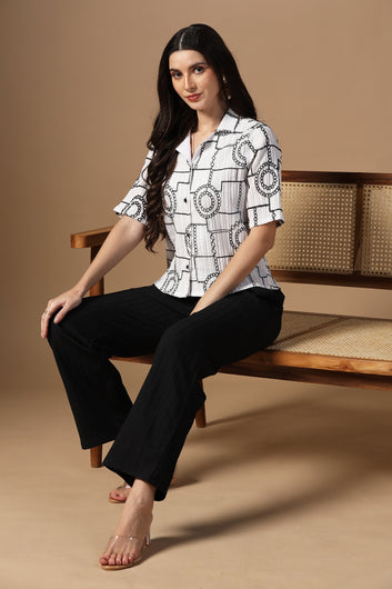 Womens White Cotton Blend Embroidered Co-ords Shirt With Pant Set