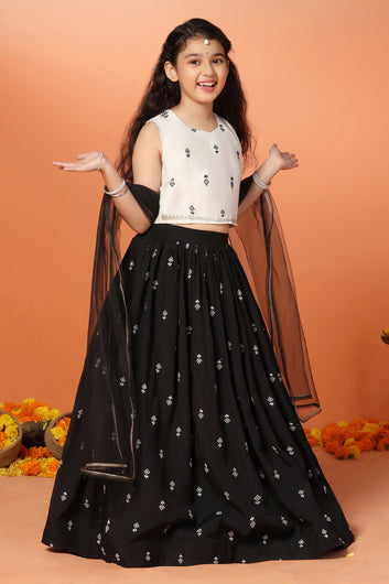 Girls Black Roman Silk Embroidered Lehenga Choli With Dupatta