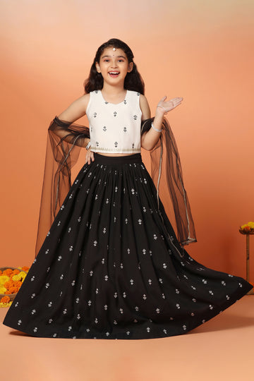 Girls Black Roman Silk Embroidered Lehenga Choli With Dupatta