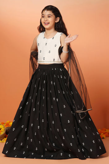 Girls Black Roman Silk Embroidered Lehenga Choli With Dupatta