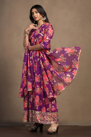 Womens Purple Tabby Organza Floral Printed Maxi Length Dress With Dupatta Set