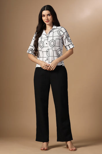 Womens White Cotton Blend Embroidered Co-ords Shirt With Pant Set