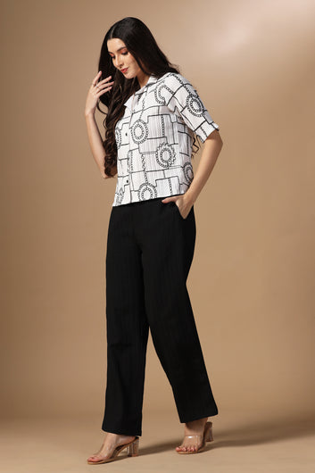 Womens White Cotton Blend Embroidered Co-ords Shirt With Pant Set