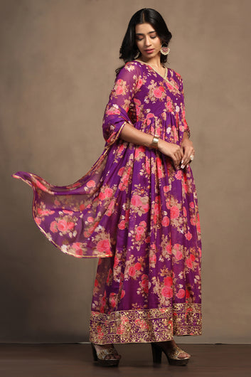 Womens Purple Tabby Organza Floral Printed Maxi Length Dress With Dupatta Set