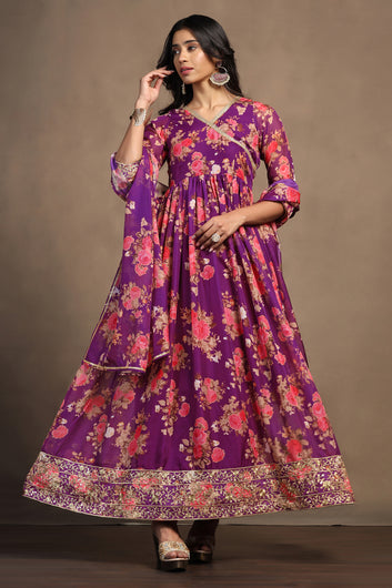 Womens Purple Tabby Organza Floral Printed Maxi Length Dress With Dupatta Set