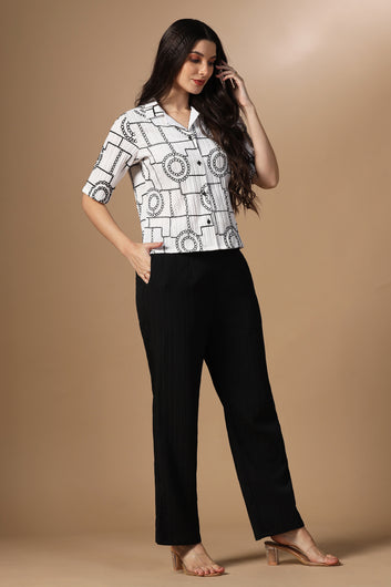 Womens White Cotton Blend Embroidered Co-ords Shirt With Pant Set