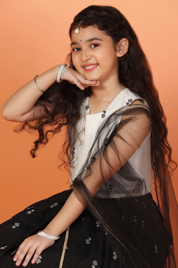 Girls Black Roman Silk Embroidered Lehenga Choli With Dupatta