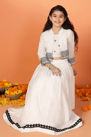 Girls White Roman Silk Embroidered Lehenga Choli With Shurg