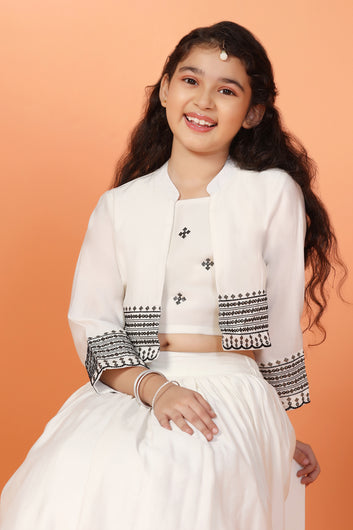 Girls White Roman Silk Embroidered Lehenga Choli With Shurg