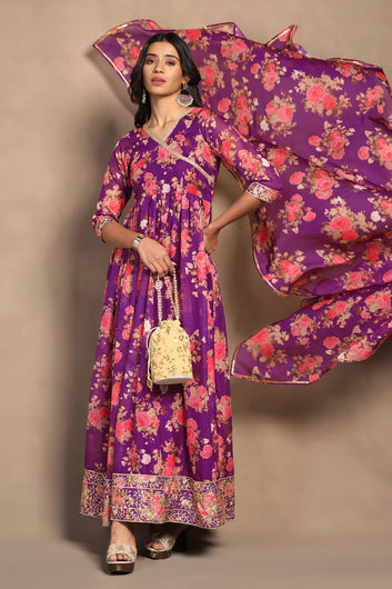 Womens Purple Tabby Organza Floral Printed Maxi Length Dress With Dupatta Set