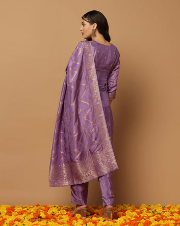 Women's Lavender Dola Silk Jacquard Work Kurta Set With Dupatta