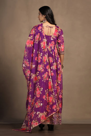 Womens Purple Tabby Organza Floral Printed Maxi Length Dress With Dupatta Set