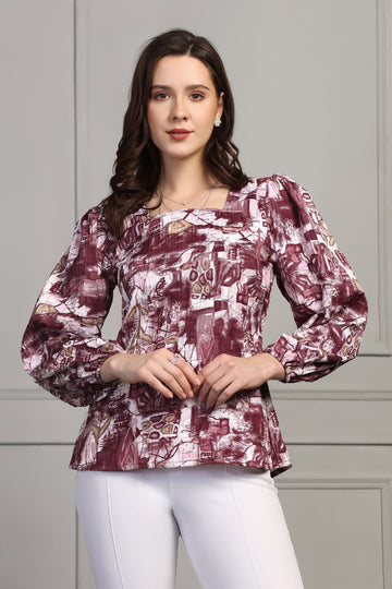 Womens Wine Abstract Printed Cotton Blend Casual Top