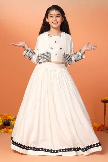 Girls White Roman Silk Embroidered Lehenga Choli With Shurg