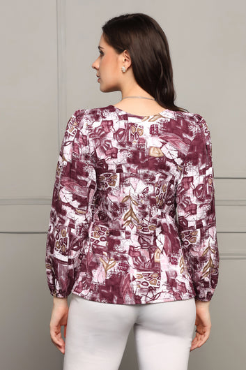 Womens Wine Abstract Printed Sugarcane Casual Top