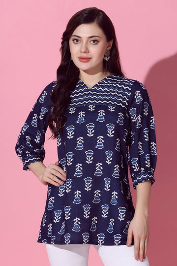 Womens Navy Blue Cotton Slub Floral Printed Straight Tunic Top