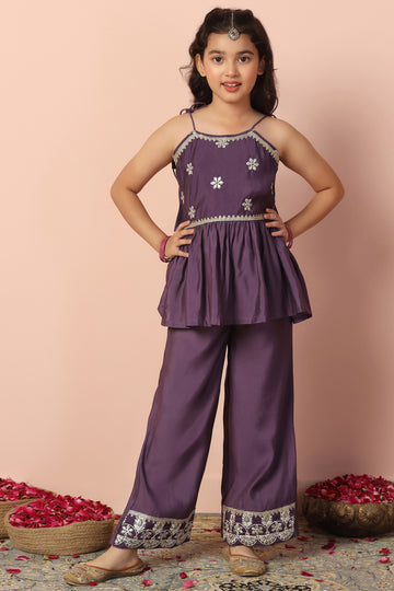 Girl's Chanderi Puple Embroidered Peplum Style Kurta With Palazzo Set