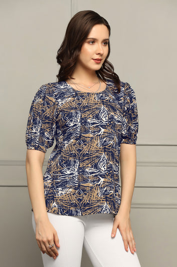 Womens Navy Blue Cotton Blend Abstract Printed Hip Length Top