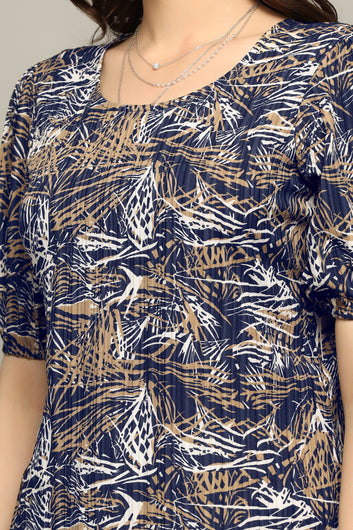 Womens Navy Blue Cotton Blend Abstract Printed Hip Length Top