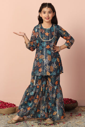 Girls Navy Blue Georgette Printed Kurta Sharara Set