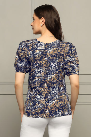 Womens Navy Blue Cotton Blend Abstract Printed Hip Length Top