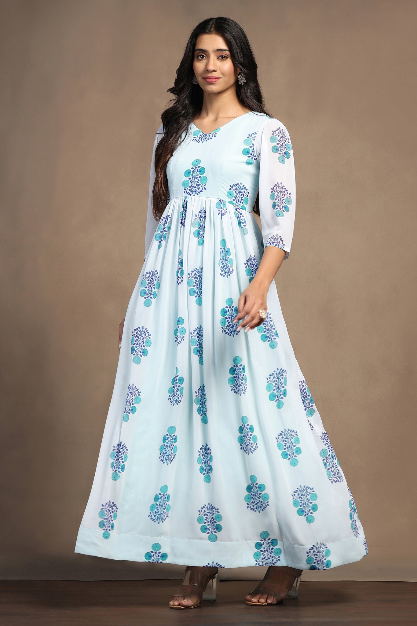 Womens Sky Blue Georgette Floral Printed A-Line Maxi Length Dress