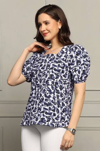 Womens Blue Cotton Blend Abstract Printed Hip Length Top