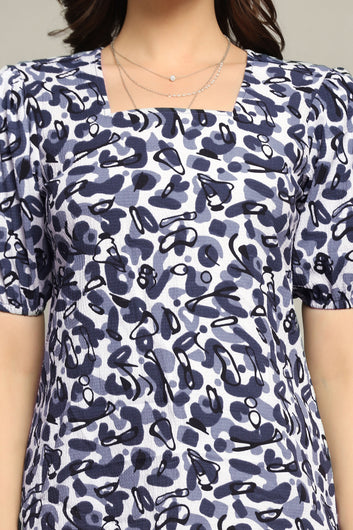 Womens Blue Cotton Blend Abstract Printed Hip Length Top