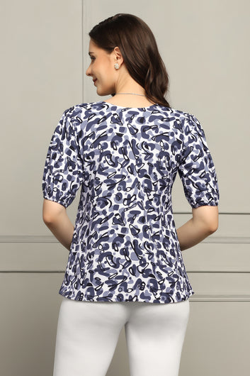 Womens Blue Cotton Blend Abstract Printed Hip Length Top