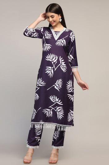 Womens Navy Blue Muslin Floral Printed Calf Length Kurta With Trouser Set