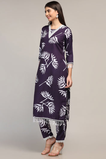 Womens Navy Blue Muslin Floral Printed Calf Length Kurta With Trouser Set