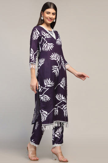 Womens Navy Blue Muslin Floral Printed Calf Length Kurta With Trouser Set