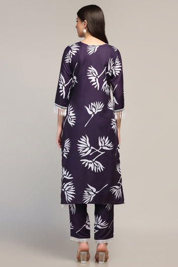 Womens Navy Blue Muslin Floral Printed Calf Length Kurta With Trouser Set